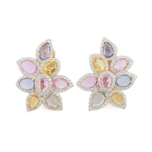 14K Yellow Gold Floral Multi Sapphire Diamond Earrings