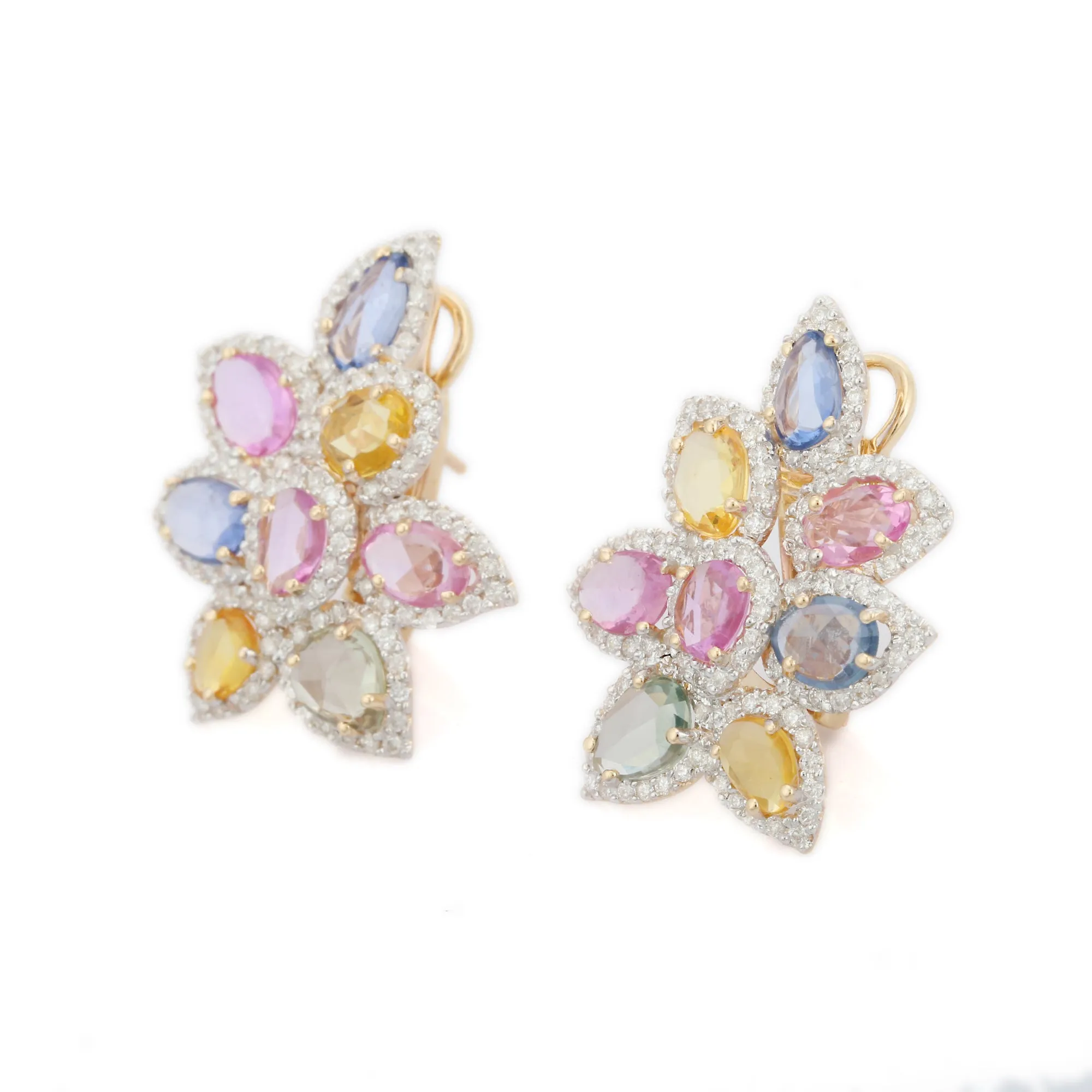 14K Yellow Gold Floral Multi Sapphire Diamond Earrings