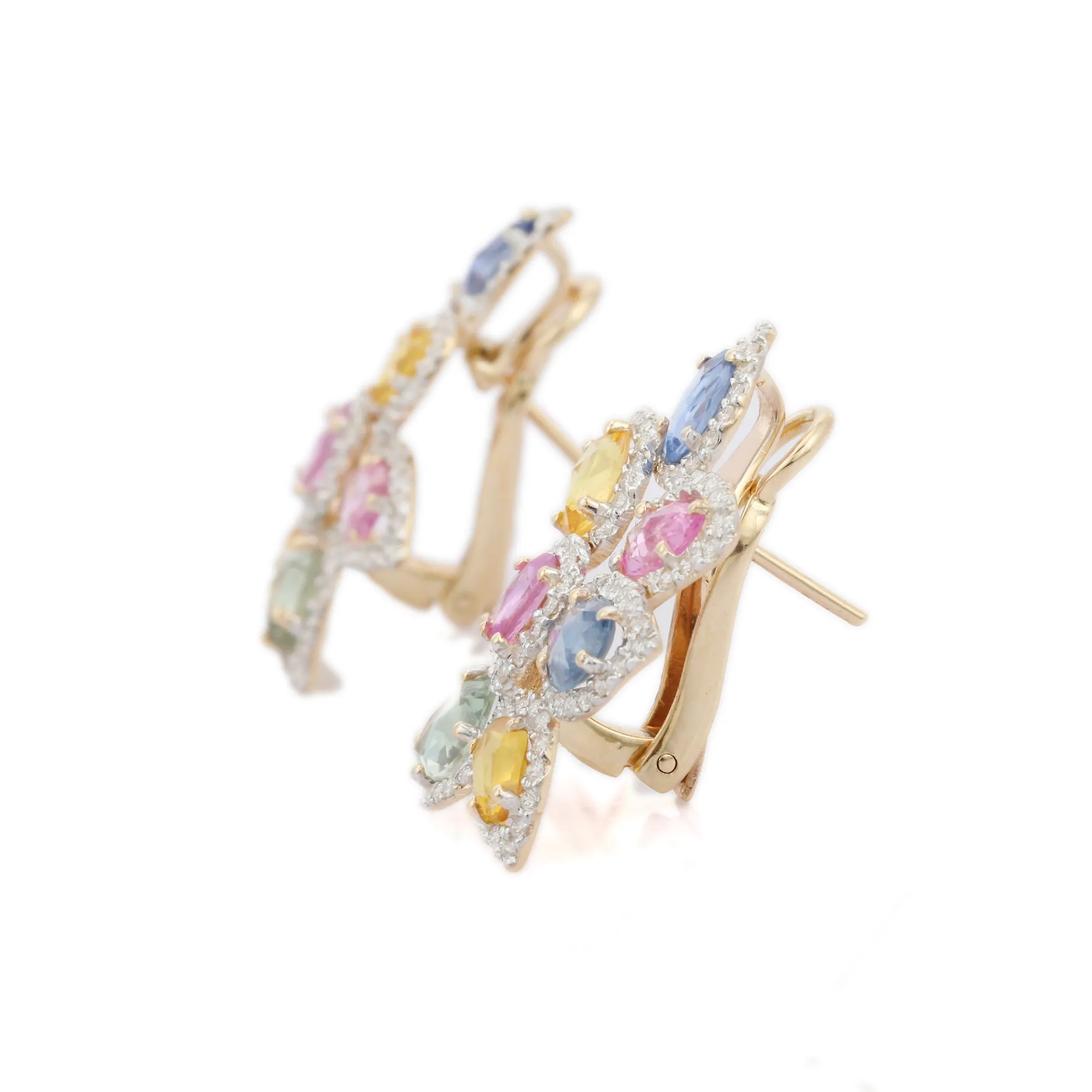 14K Yellow Gold Floral Multi Sapphire Diamond Earrings