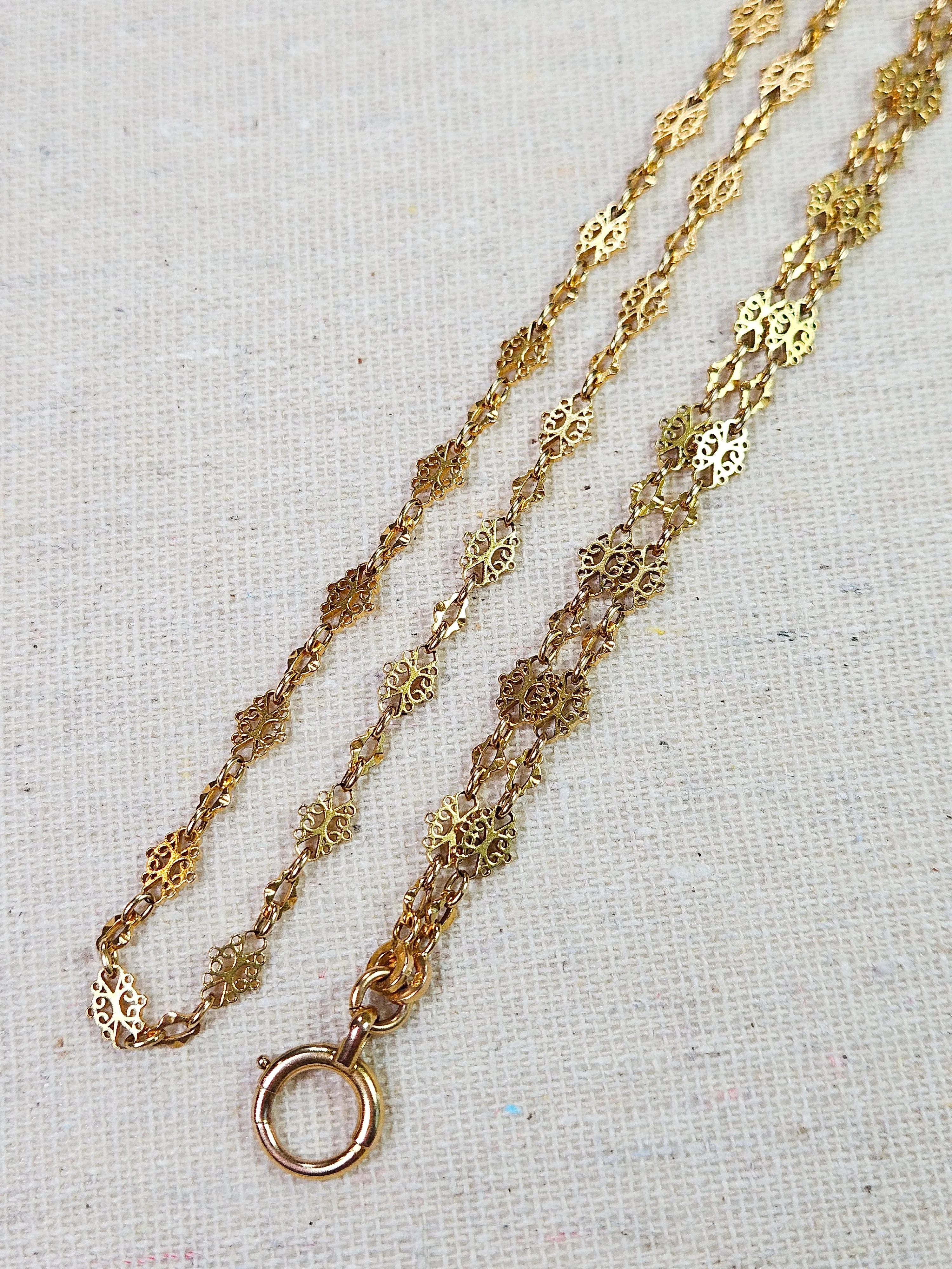 18K Yellow Gold Antique Ornate Link Extra Long Guard Chain Necklace 62" | Indulgems | Designs in Real Gold