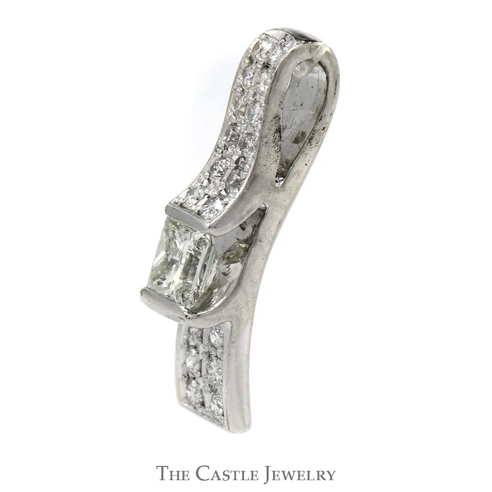 3/4cttw Princess Cut Diamond Pendant with Round Diamond Accents in Platinum Bar Mounting