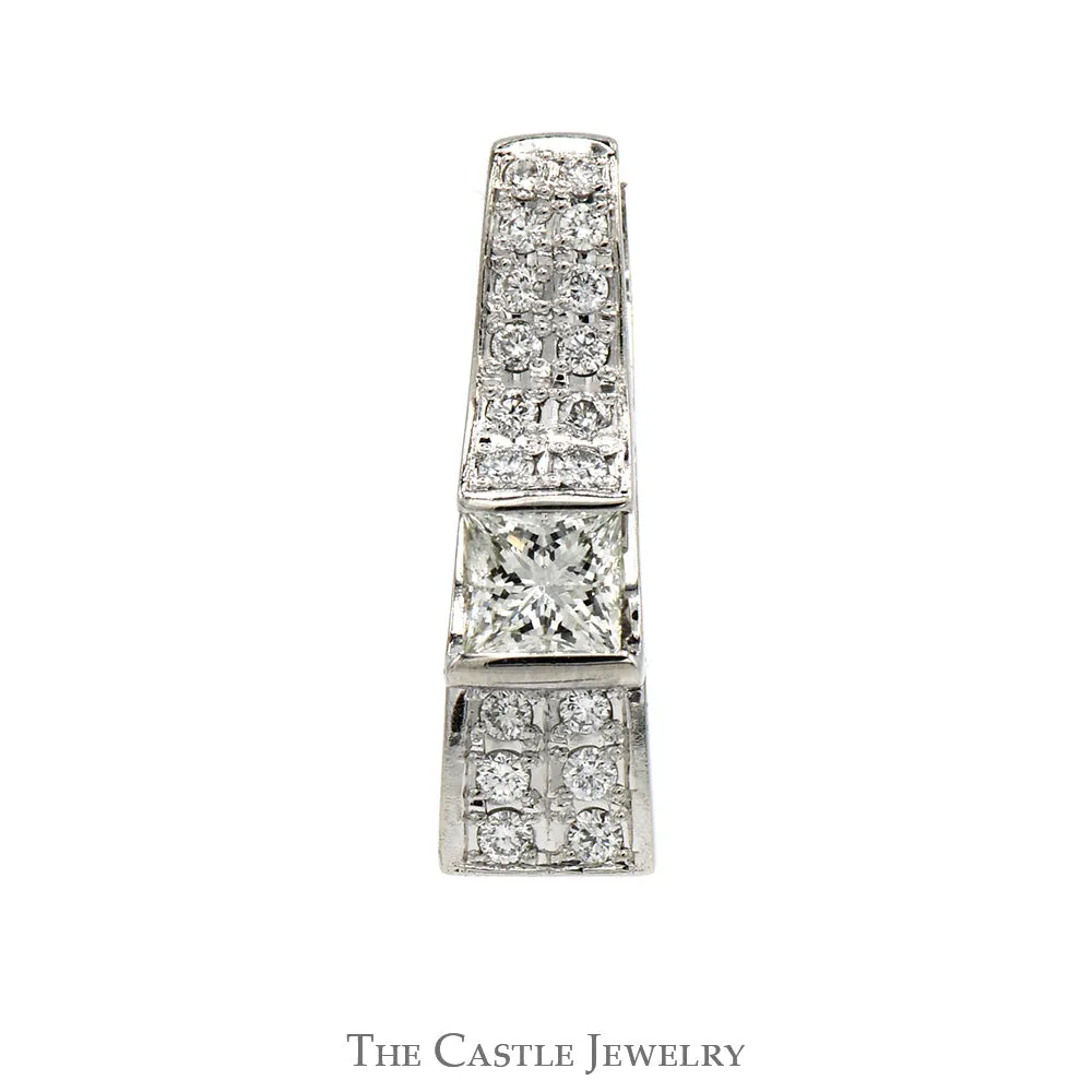 3/4cttw Princess Cut Diamond Pendant with Round Diamond Accents in Platinum Bar Mounting