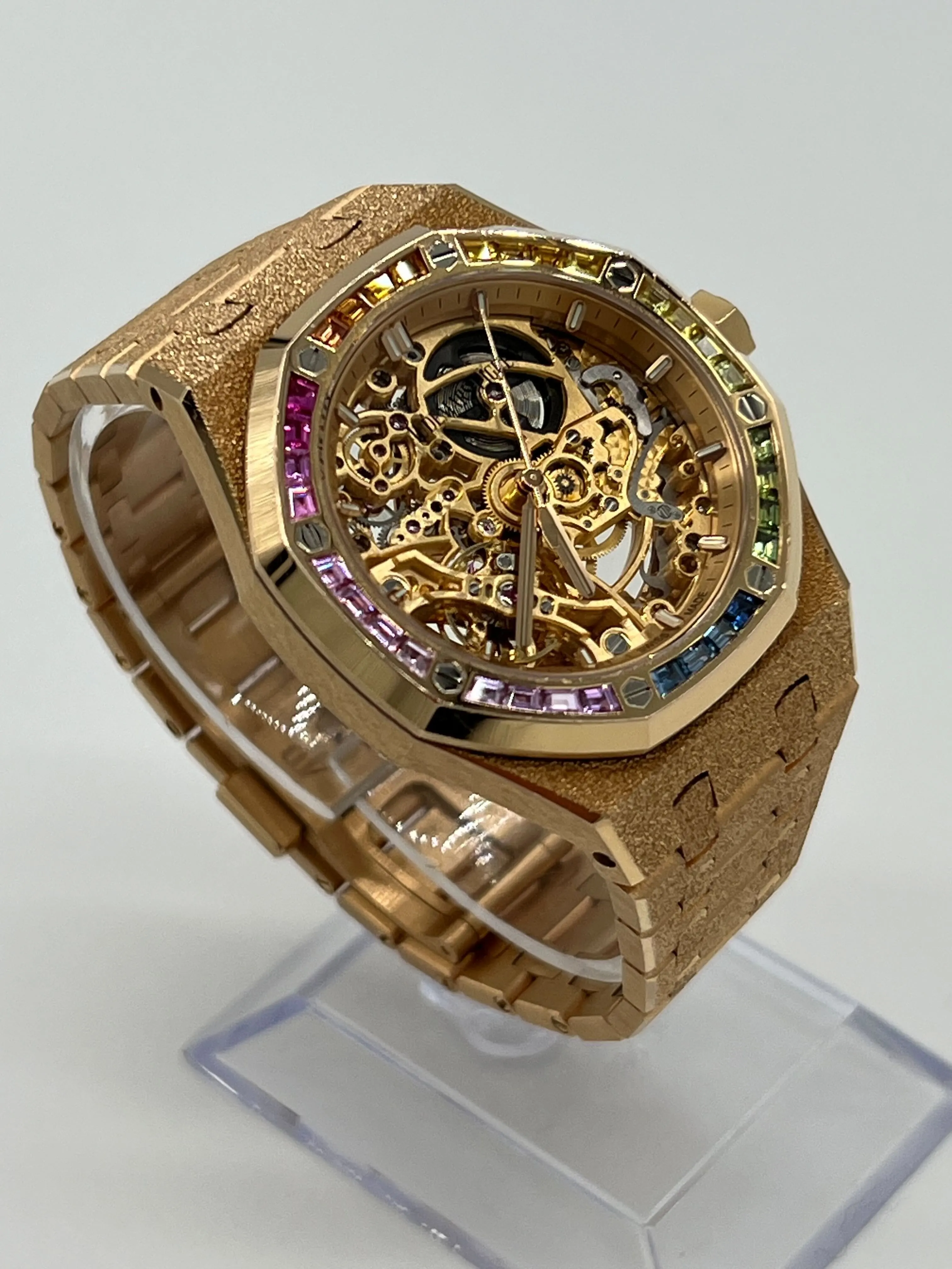 Audemars Piguet Royal Oak 15468OR.YG.1259OR.01 Openworked Frosted Rose Gold Rainbow Bezel