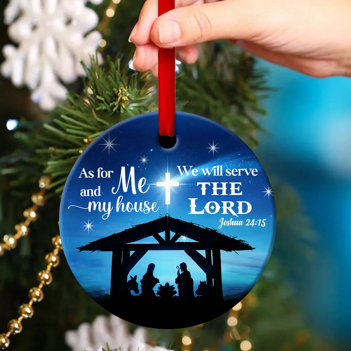 Born Of God Ceramic Circle Ornament - We Will Serve The Lord - Ornaments Hanging Gift - Nativity Ornaments