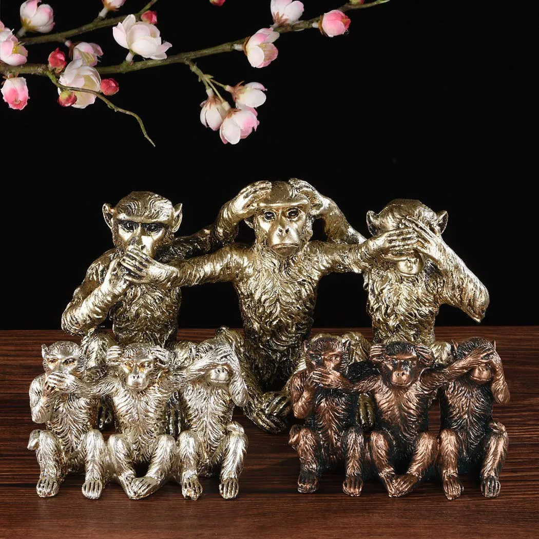 BRASSTAR NO Evil Monkeys Statue Resin Silver 4.7" Home Office Decoration Gifts PTZD046