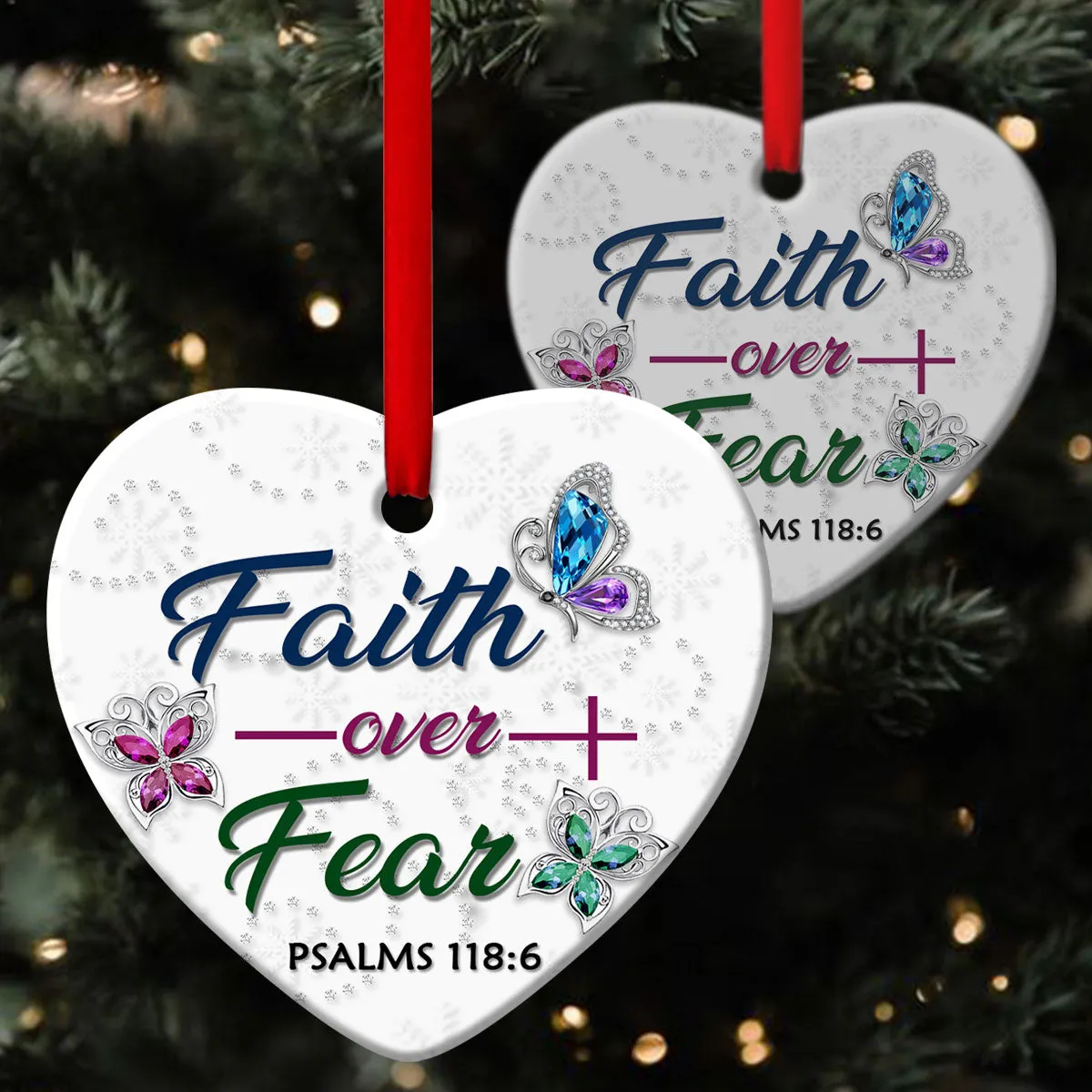 Butterfly Christian Ceramic Heart Ornament - Faith Over Fear - Ornaments Hanging Gift - Nativity Ornaments