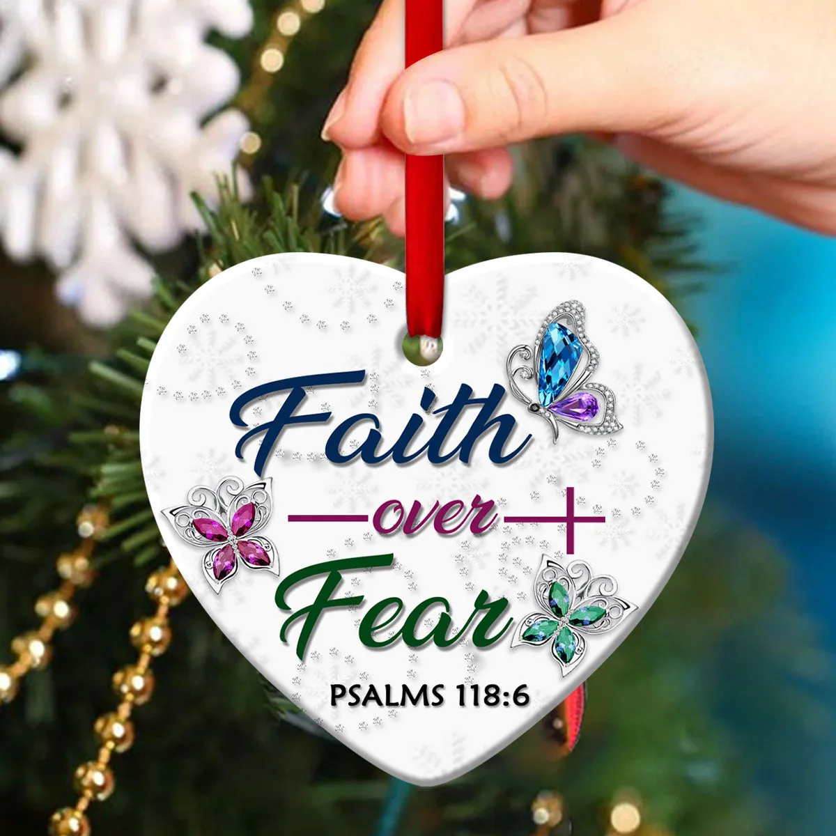 Butterfly Christian Ceramic Heart Ornament - Faith Over Fear - Ornaments Hanging Gift - Nativity Ornaments