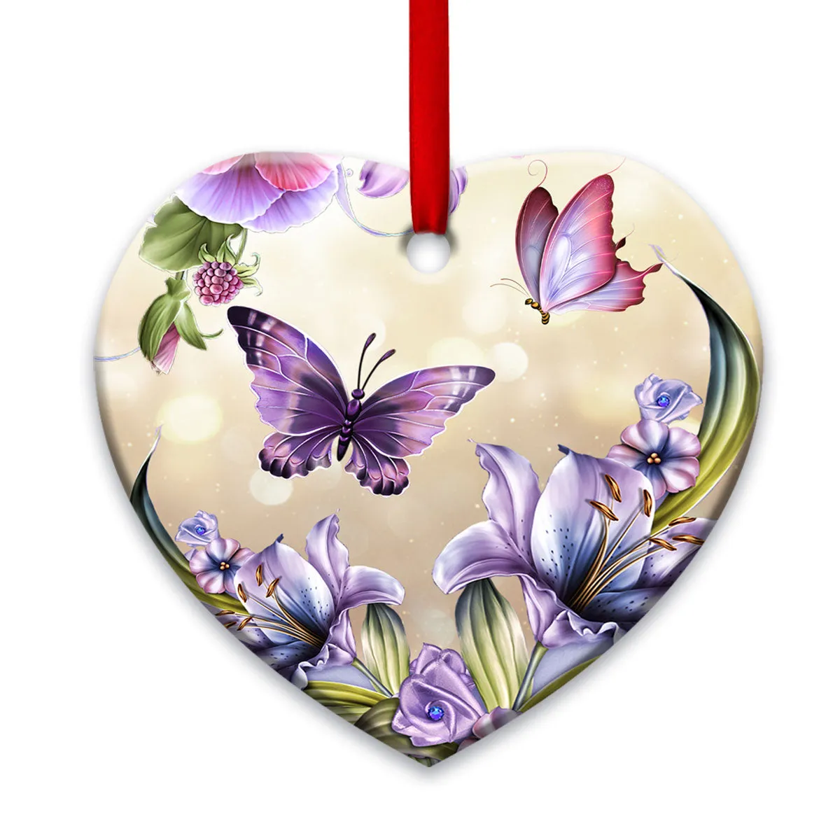 Butterfly Purple Flowers Heart Ornament - Christmas Ornament - Ciaocustom