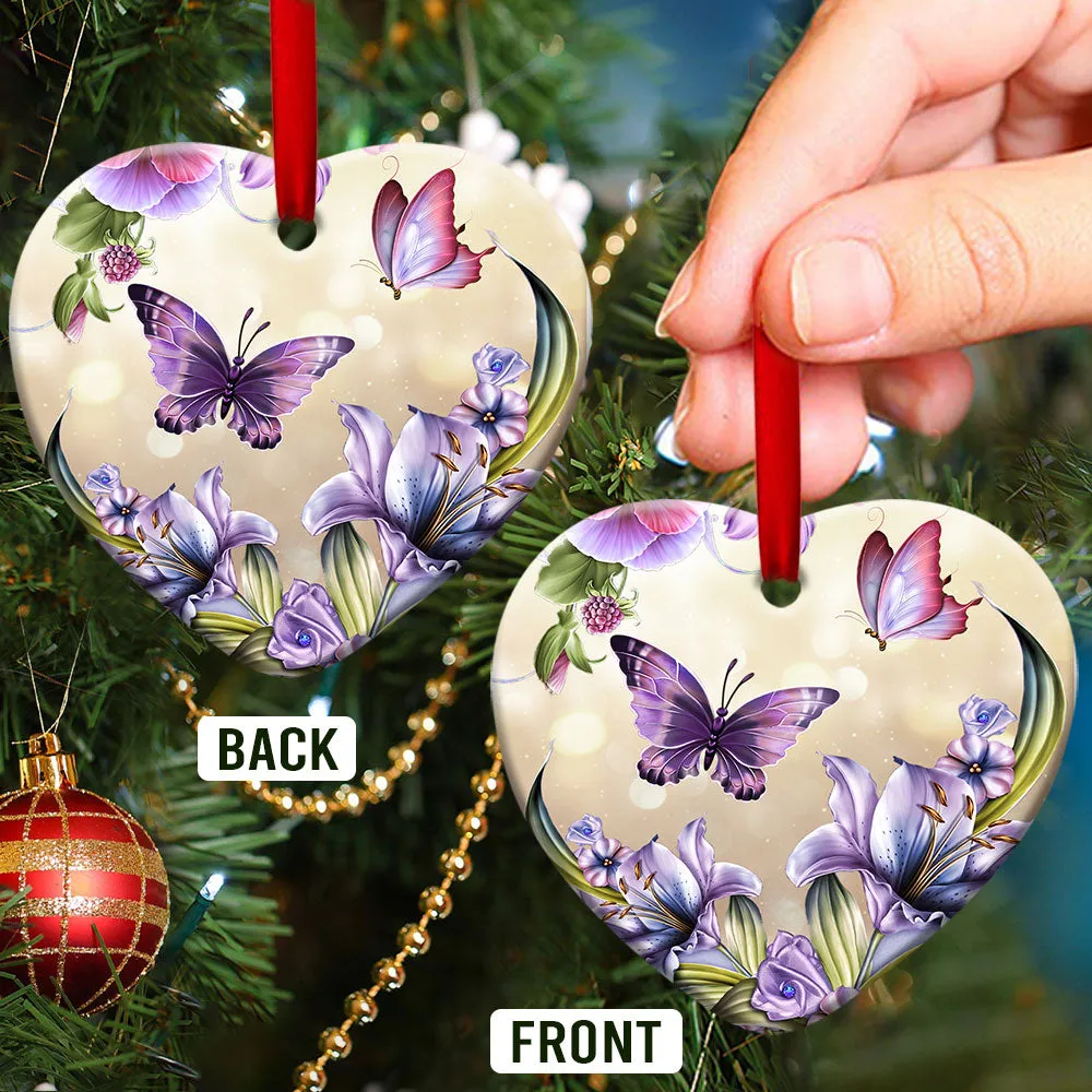 Butterfly Purple Flowers Heart Ornament - Christmas Ornament - Ciaocustom