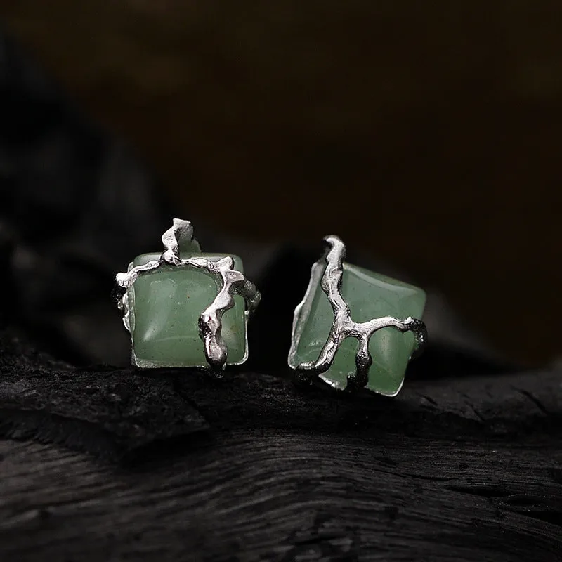 Chinese temperament earrings female simplicity and fresh S925 pure bank tide square beads green Dongling jade earrings