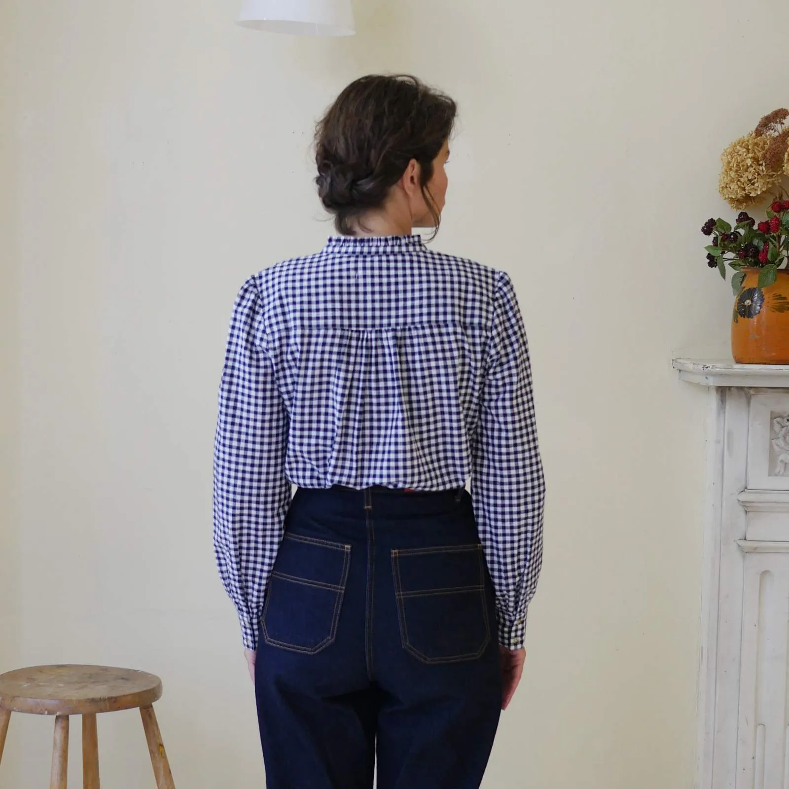 Collarless Blouse - Navy Gingham