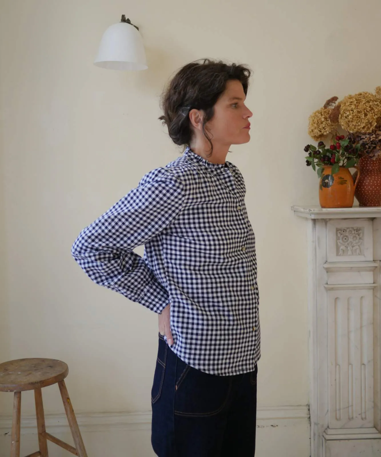 Collarless Blouse - Navy Gingham