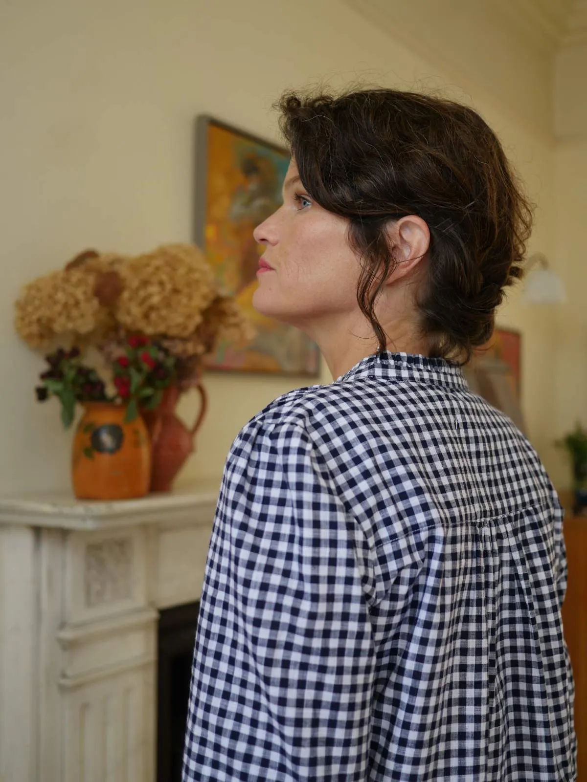 Collarless Blouse - Navy Gingham