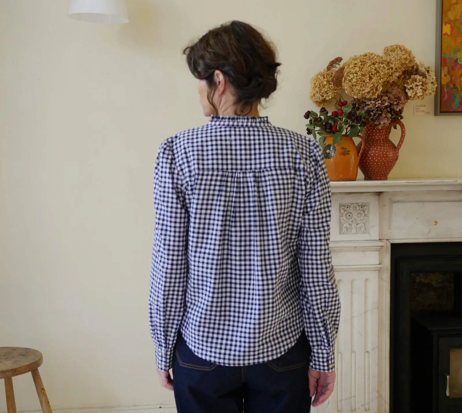 Collarless Blouse - Navy Gingham