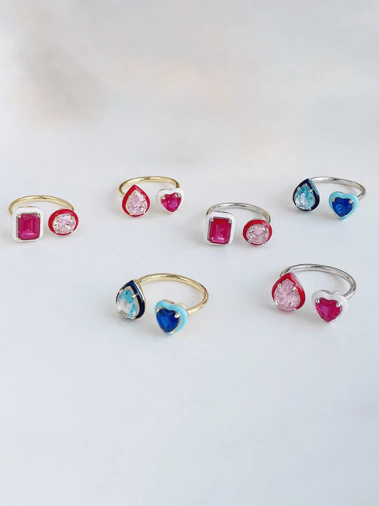 Colorful Enamel Double Ring Cubic Zirconia 925 Sterling Silver Adjustable Waterproof Tarnish Free Womens Jewelry