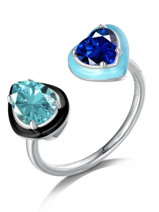 Colorful Enamel Double Ring Cubic Zirconia 925 Sterling Silver Adjustable Waterproof Tarnish Free Womens Jewelry