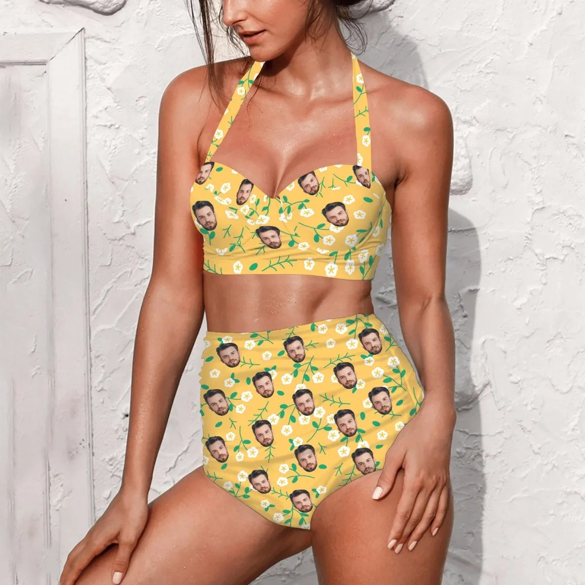 Custom Face Yellow Halterneck String Bandeau Bikini Personalized High Waist Two-piece Bikini Swimsuit