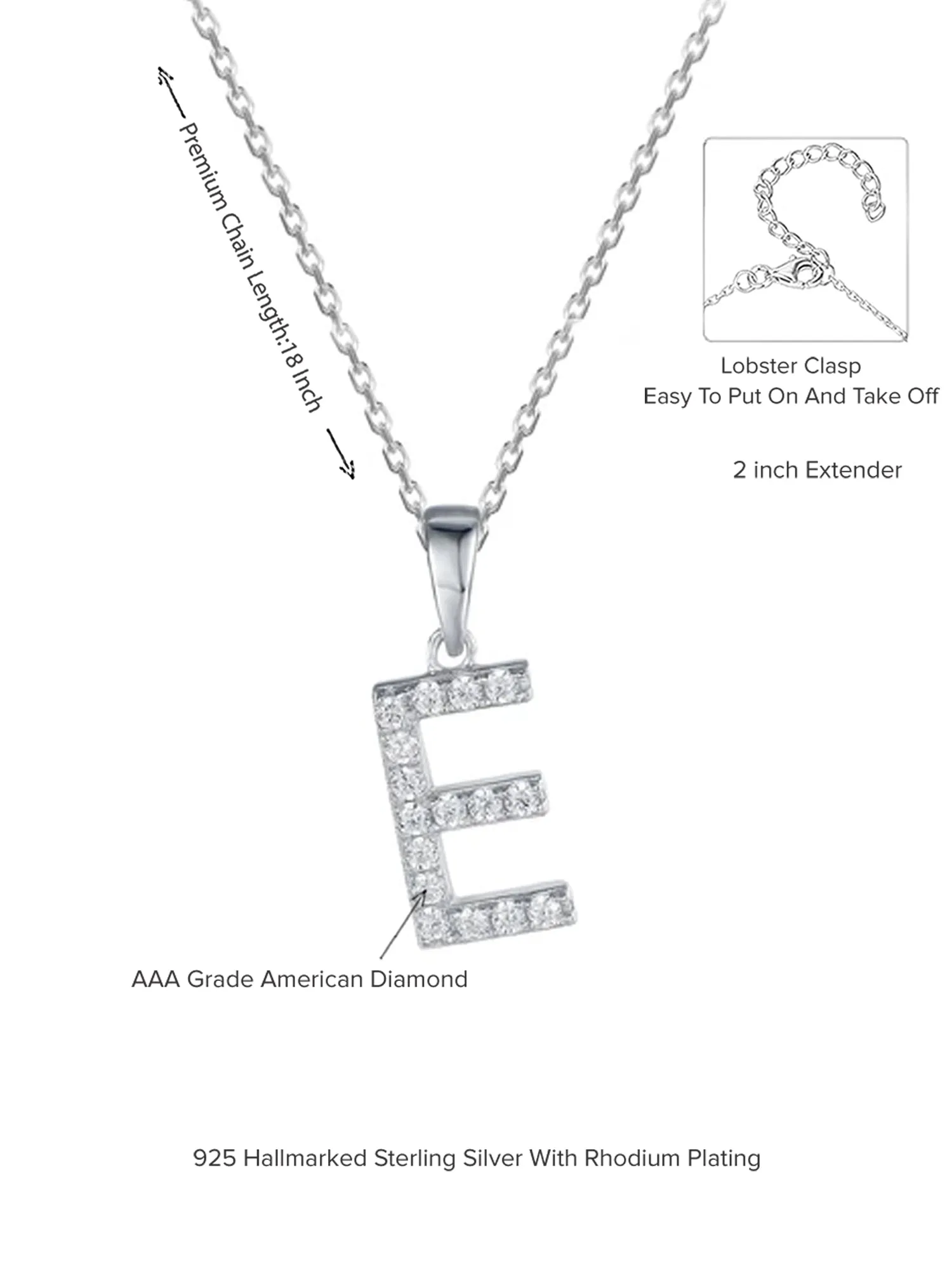 Deal Of The Month - Silver E Initial Letters Or Alphabet Necklace With American Diamonds