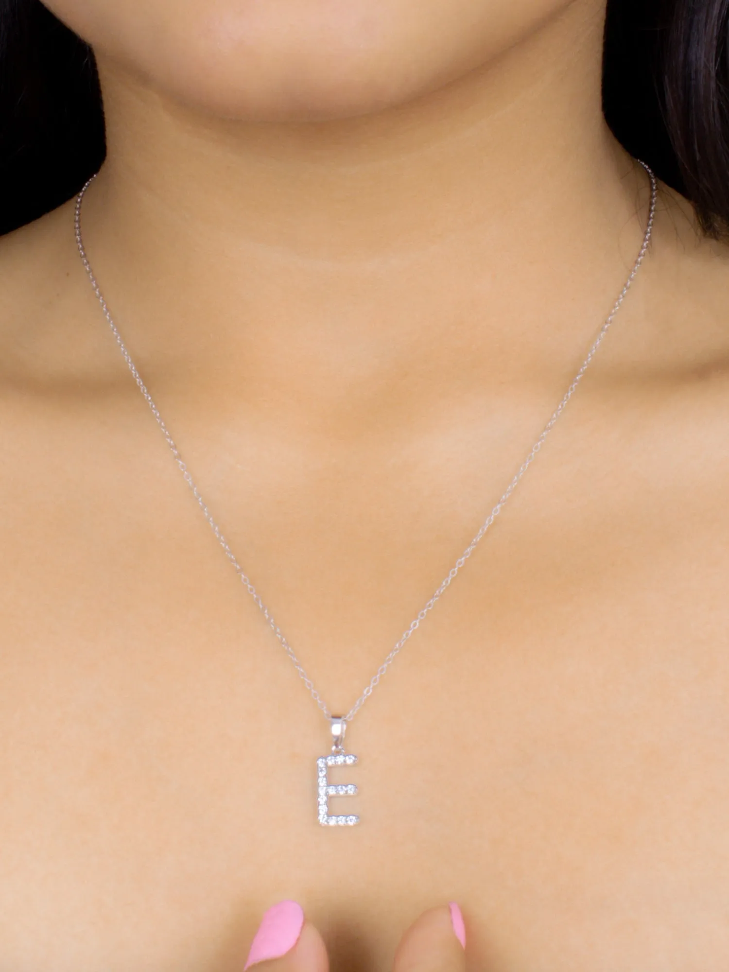 Deal Of The Month - Silver E Initial Letters Or Alphabet Necklace With American Diamonds