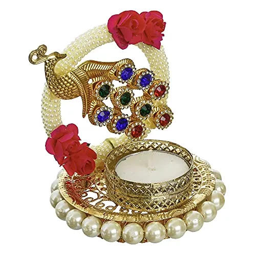 eCraftIndia Metal Peacock with Stones Handcrafted Tea Light Candle Holder for Diwali Festival, Home Decor, Table Decoration, Gift