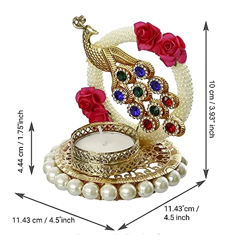 eCraftIndia Metal Peacock with Stones Handcrafted Tea Light Candle Holder for Diwali Festival, Home Decor, Table Decoration, Gift