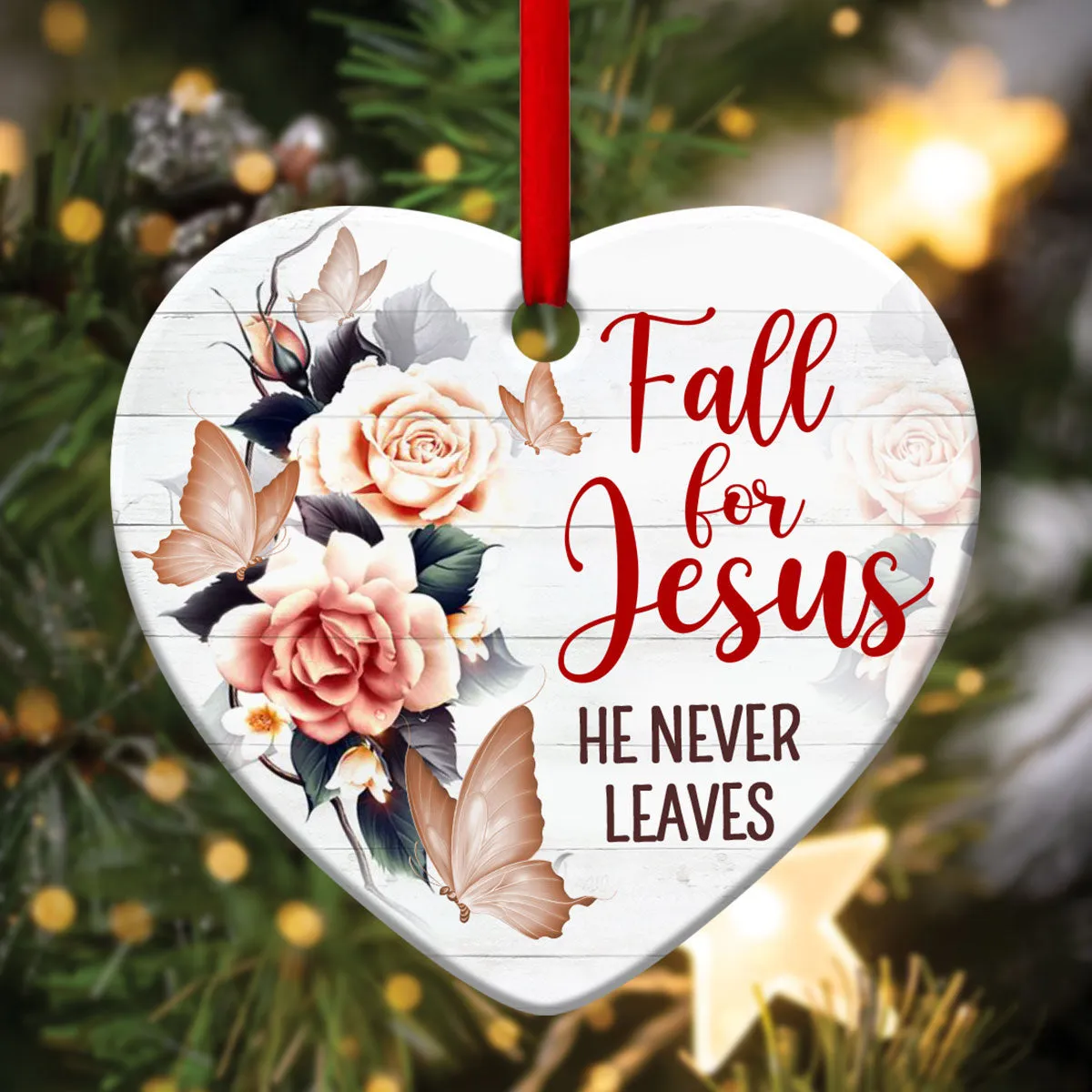 Fall For Jesus - Beautiful Flower Ceramic Heart Ornament - Christmas Decor - Funny Ornament