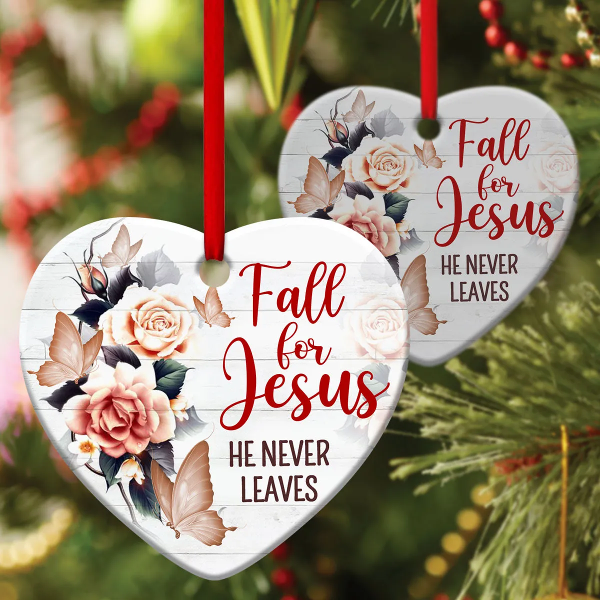 Fall For Jesus - Beautiful Flower Ceramic Heart Ornament - Christmas Decor - Funny Ornament