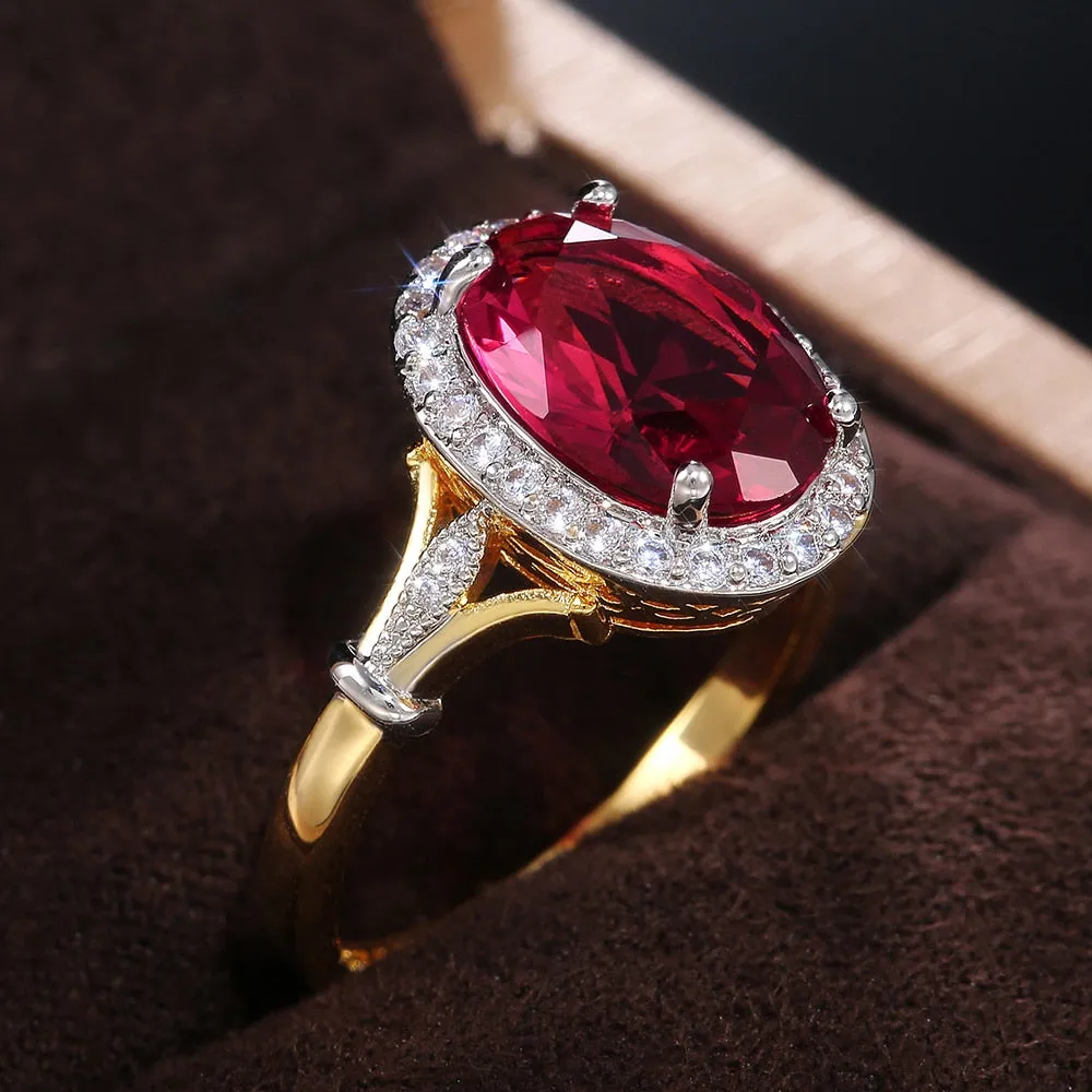 Fashion Jewelry Gorgeous Oval Cut Red Zircon Halo Rings for Women in Gold Color