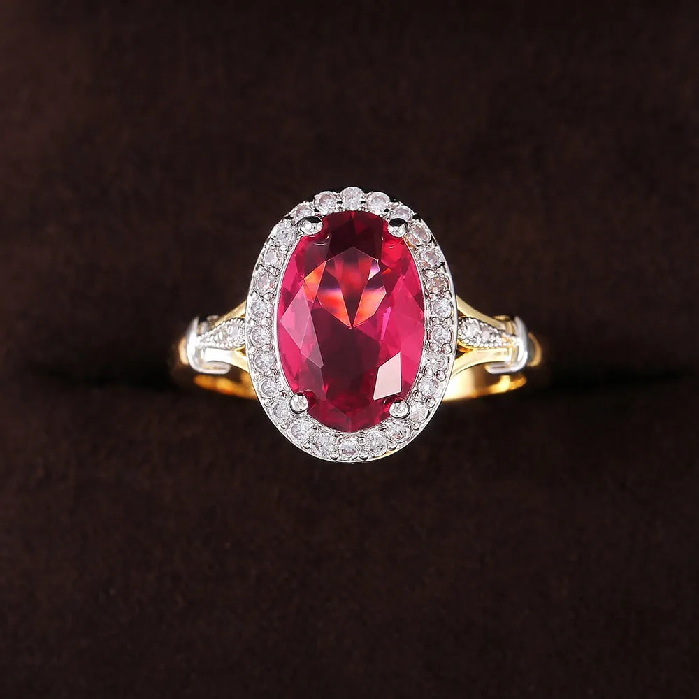 Fashion Jewelry Gorgeous Oval Cut Red Zircon Halo Rings for Women in Gold Color