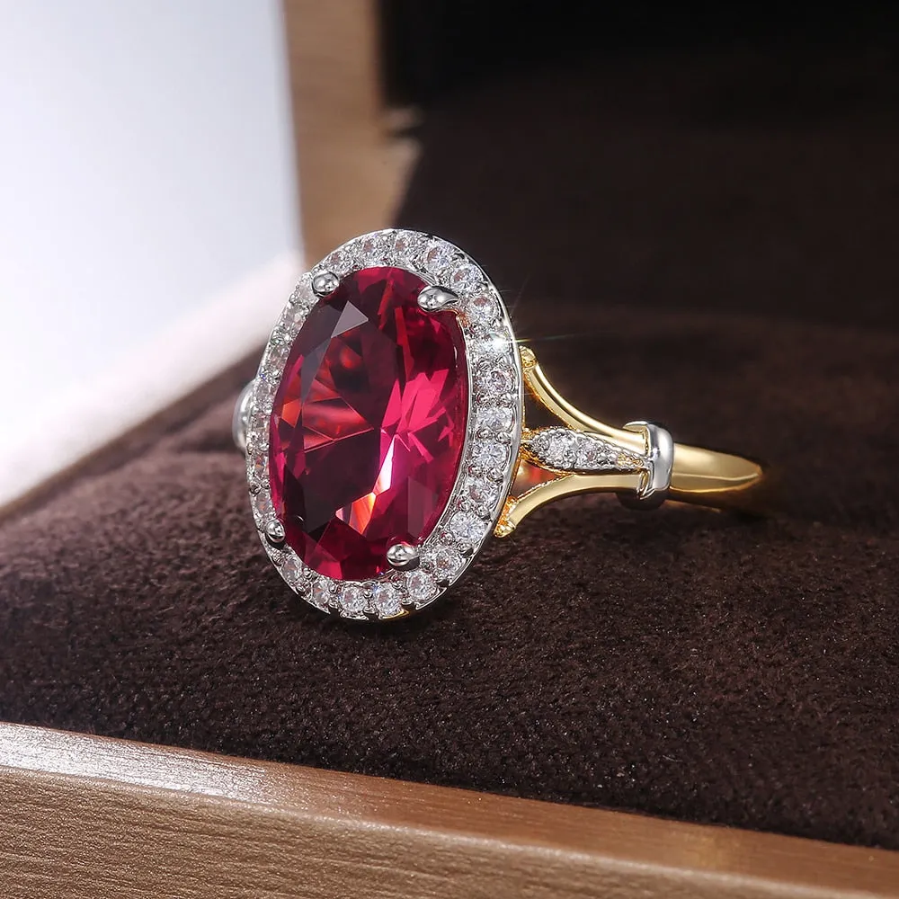 Fashion Jewelry Gorgeous Oval Cut Red Zircon Halo Rings for Women in Gold Color