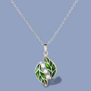 Fashion Jewelry Green Leaves Enamel Pendant Necklaces in 925 Sterling Silver