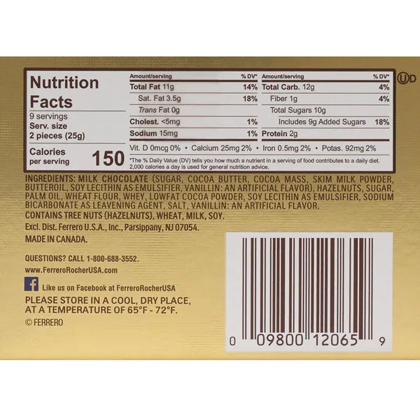 Ferrero Rocher Hazelnut Chocolates, 18 Count