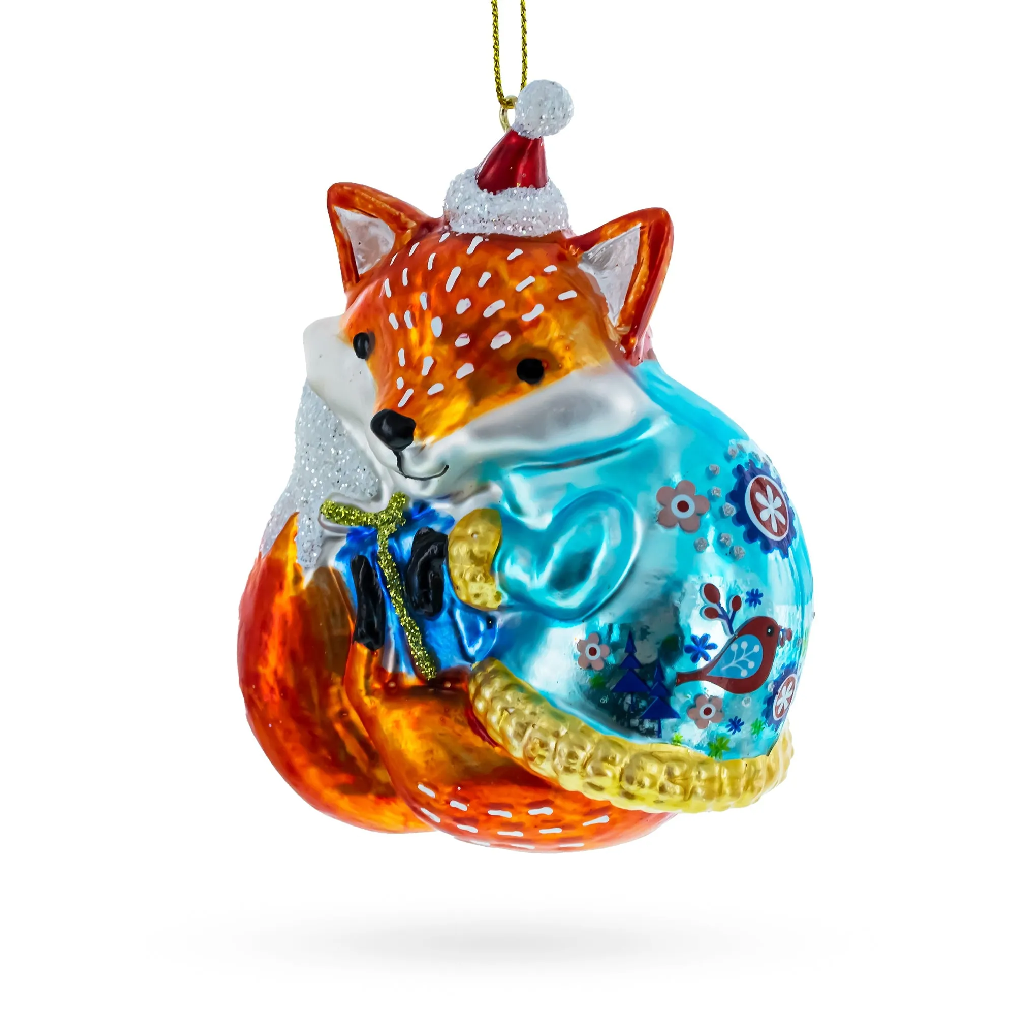 Festive Forest Friend: Whimsical Fox With Gifts - Blown Glass Christmas Ornament