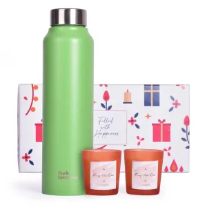 Gleevers Gift Set for Housewarming, Diwali | Gift Box of 3 with Stainless Steel Bottle(Green, 1 LTR) & 2 Candles(60g) | Gift for Housewarming,Secret Santa Gifts