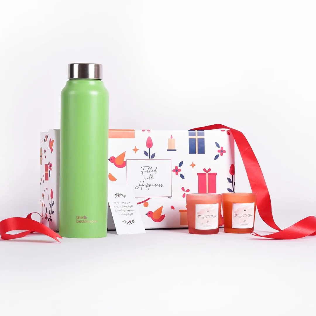 Gleevers Gift Set for Housewarming, Diwali | Gift Box of 3 with Stainless Steel Bottle(Green, 1 LTR) & 2 Candles(60g) | Gift for Housewarming,Secret Santa Gifts