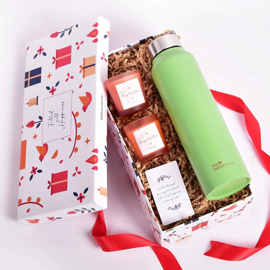 Gleevers Gift Set for Housewarming, Diwali | Gift Box of 3 with Stainless Steel Bottle(Green, 1 LTR) & 2 Candles(60g) | Gift for Housewarming,Secret Santa Gifts