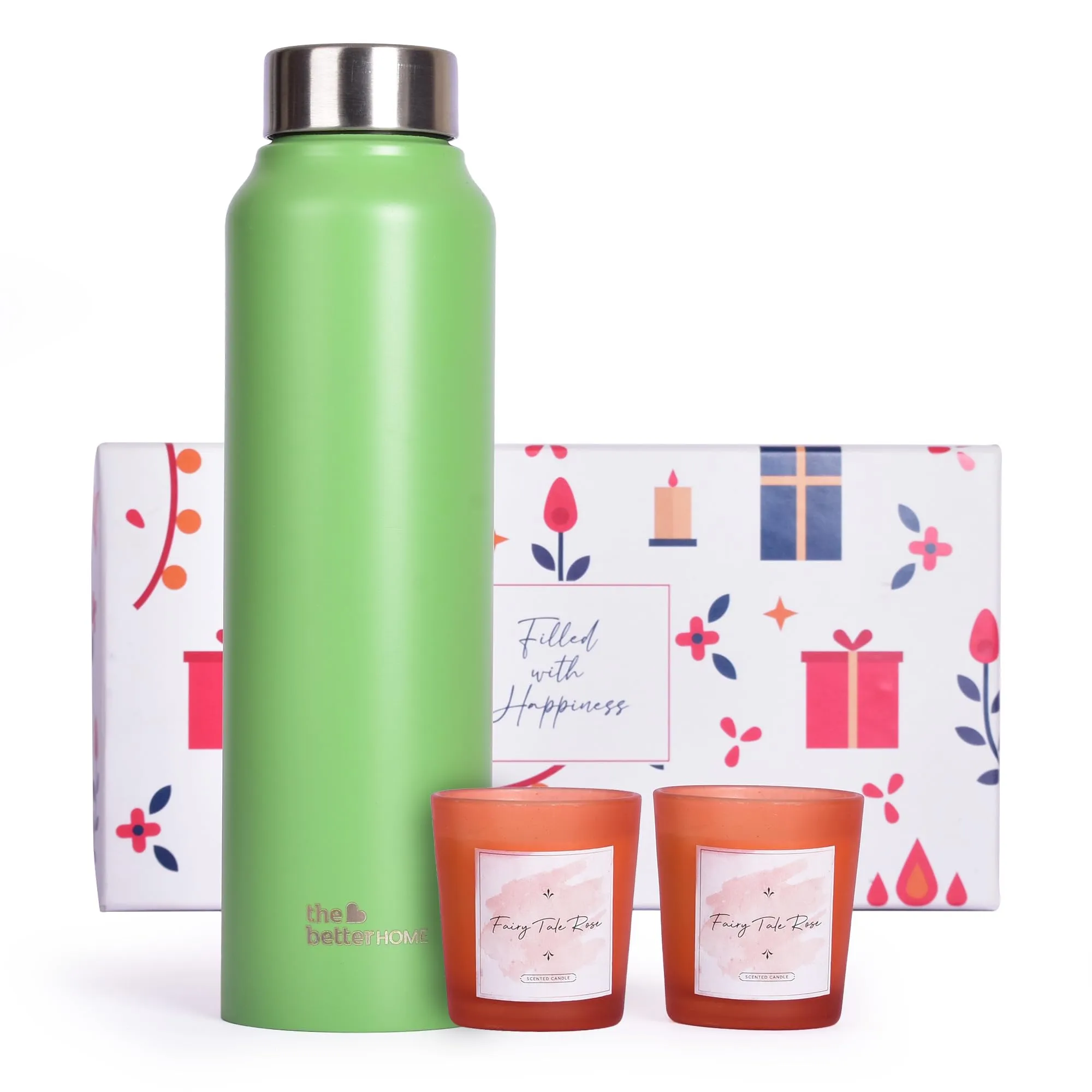 Gleevers Gift Set for Housewarming, Diwali | Gift Box of 3 with Stainless Steel Bottle(Green, 1 LTR) & 2 Candles(60g) | Gift for Housewarming,Secret Santa Gifts