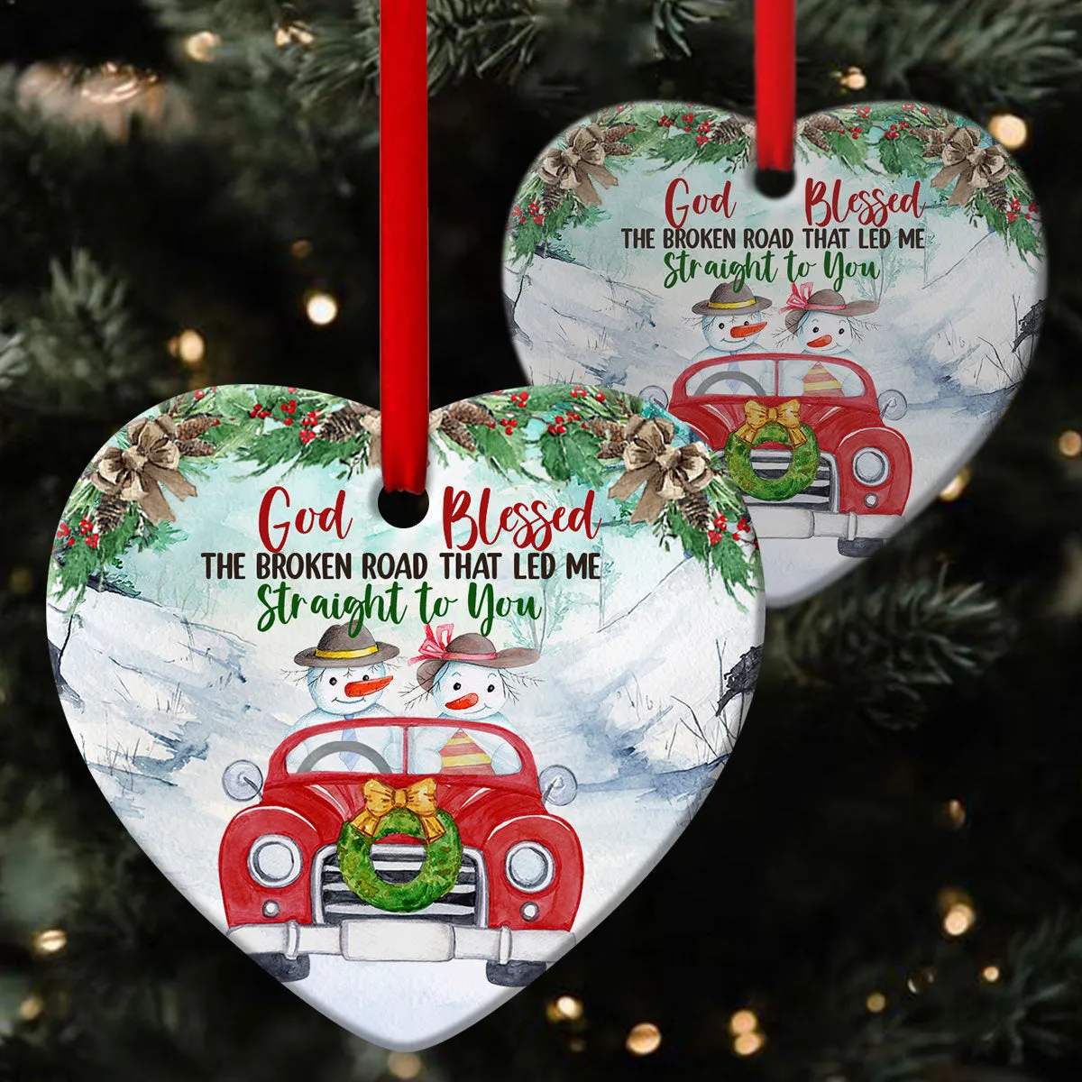 God Blessed The Broken Road - Cute Snowman Ceramic Heart Ornament- Christian Hanging Gift