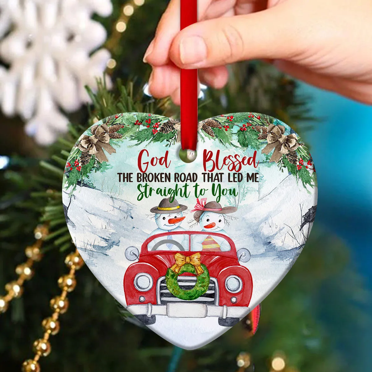 God Blessed The Broken Road - Cute Snowman Ceramic Heart Ornament- Christian Hanging Gift