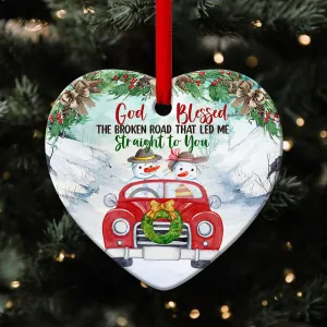 God Blessed The Broken Road - Cute Snowman Ceramic Heart Ornament- Christian Hanging Gift