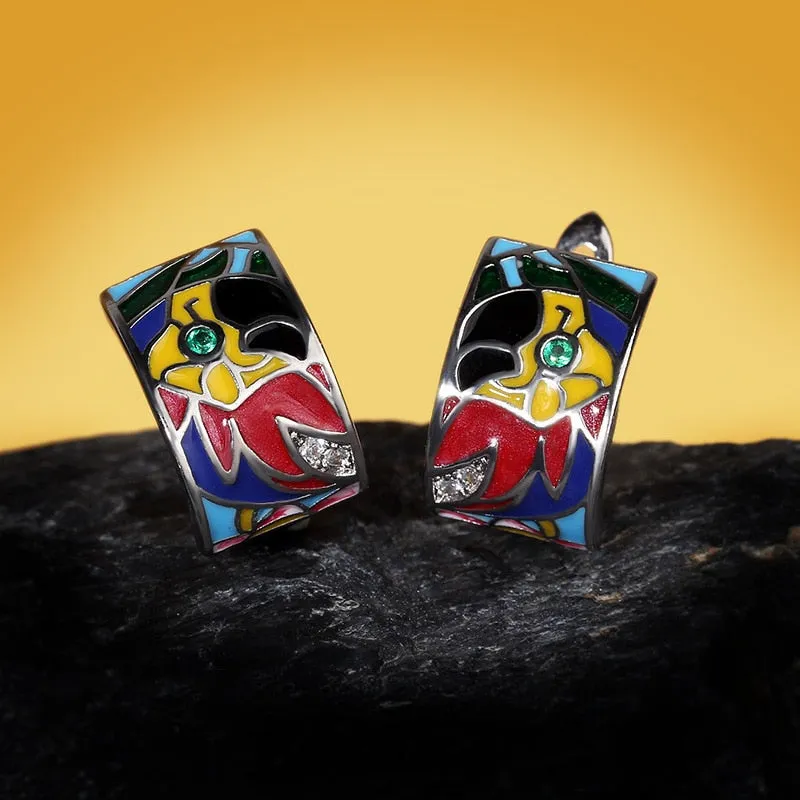 Handmade Enamel Parrot Drop Earrings for Women with Zircon in 925 Sterling Silver