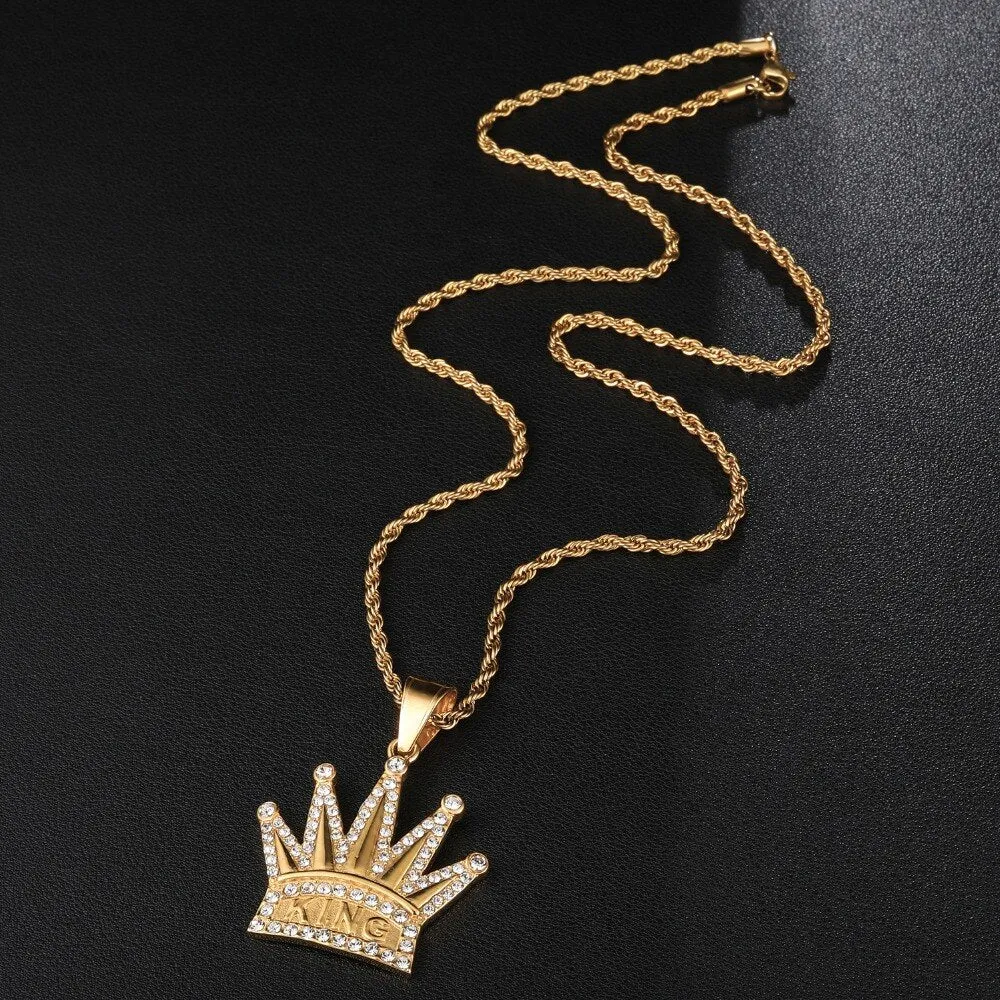 Hip Hop Jewelry King Crown Enamel Pendant Necklace with Rhinestone in Gold Color