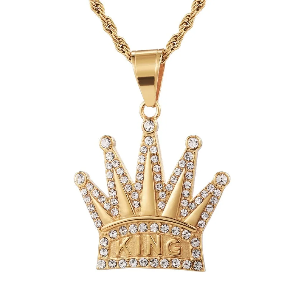 Hip Hop Jewelry King Crown Enamel Pendant Necklace with Rhinestone in Gold Color