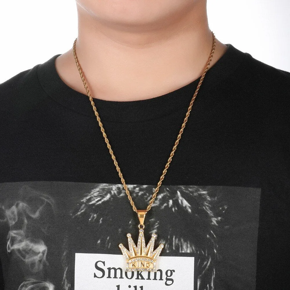 Hip Hop Jewelry King Crown Enamel Pendant Necklace with Rhinestone in Gold Color