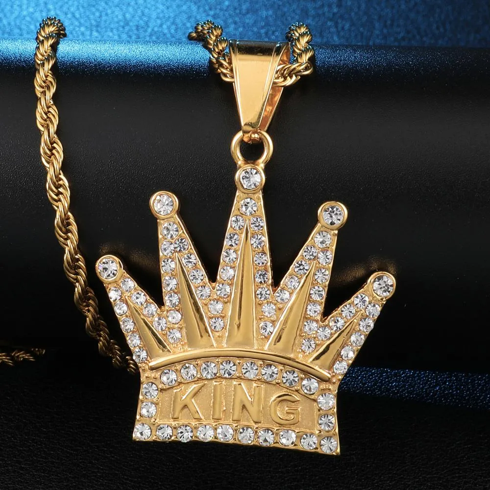 Hip Hop Jewelry King Crown Enamel Pendant Necklace with Rhinestone in Gold Color