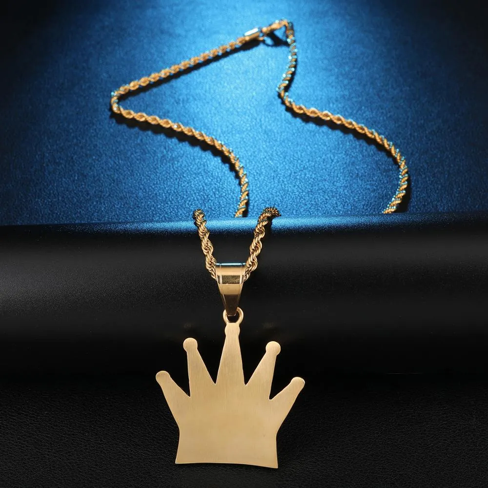 Hip Hop Jewelry King Crown Enamel Pendant Necklace with Rhinestone in Gold Color