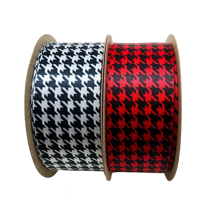 Houndstooth check ribbon in black on 1.5" white single face satin