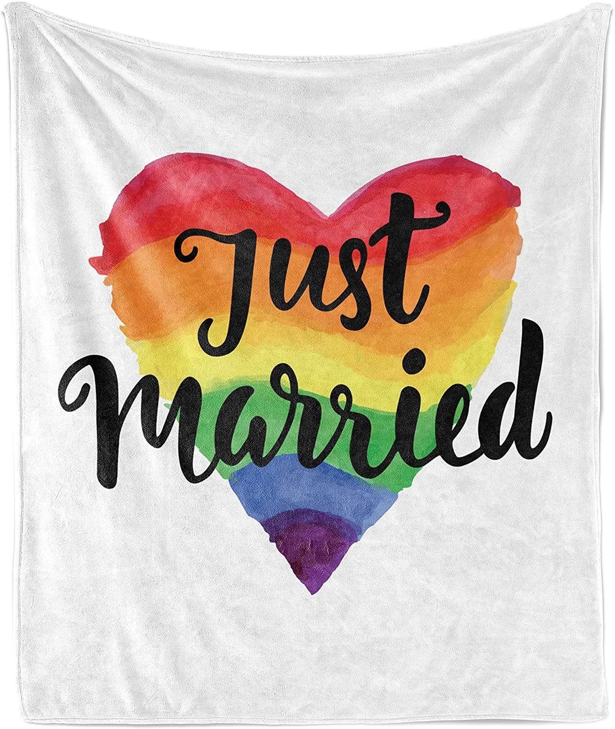 Just Married Throw Blanket For Lgbt, Just Married Watercolor Style Rainbow Heart Gay Rights Flannel Fleece Blanket