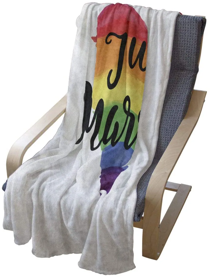 Just Married Throw Blanket For Lgbt, Just Married Watercolor Style Rainbow Heart Gay Rights Flannel Fleece Blanket