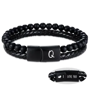 Leather Bracelet for Men Initial Q Layered Black Beaded Bracelets I Love You Gifts for Him